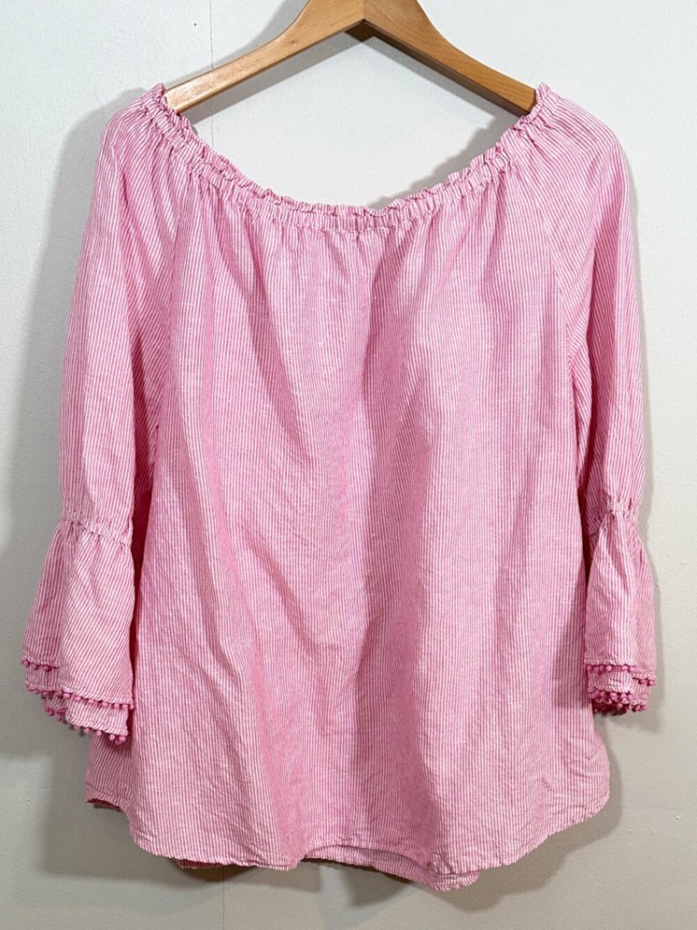 Talbots Linen Blend Peasant Top XL Pink Stripe Off Shoulder Coastal Beach - Picture 3 of 9